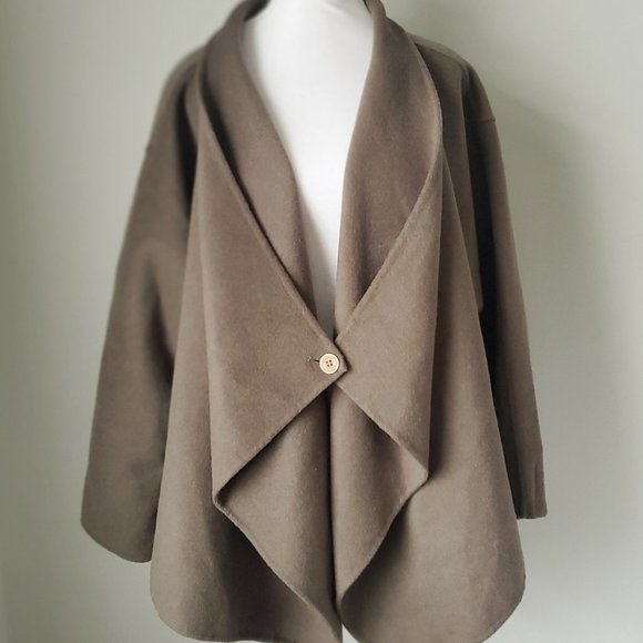 Women's Wool Overcoat Cape Drapey Taupe Olive Cozy Comfy Boho Dressy One Size - Picture 2 of 14